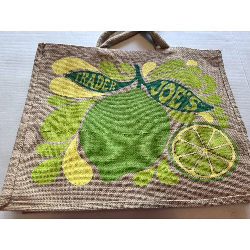 Trader Joe's Lemon Lime Tote Reusable Jute Burlap Beach Bag RARE